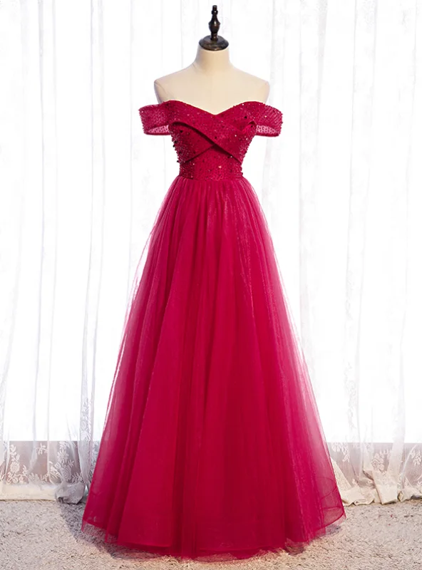 A-Line Burgundy Tulle Off the Shoulder Beading Sequins Prom Dress