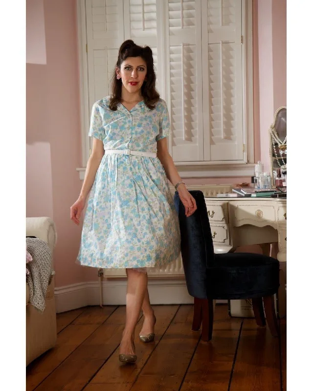 1960s Lynda Lou Pastel Floral Cotton Shirtwaister Dress