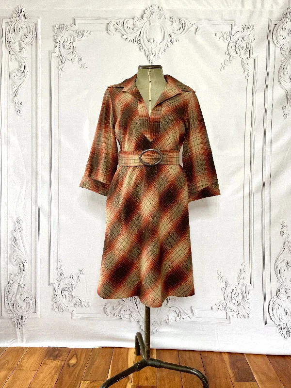1970s Tartan Plaid Wool Blend Fall Dress