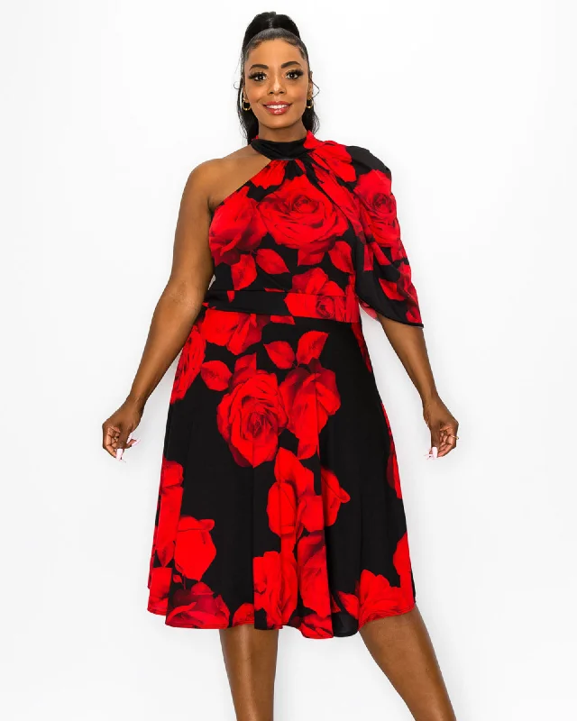 Cavalli Floral Flare Dress | Black/Red