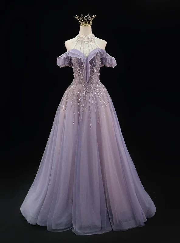 A-line Gray Blue Tulle Beading Prom Dress