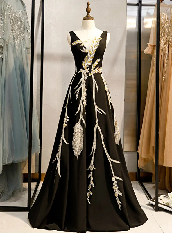 A-Line Black Satin See Through V-neck Appliques Prom Dress