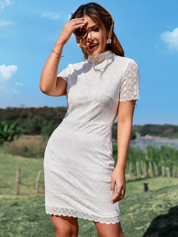 Scalloped Hem Short Sleeve Mock Neck Lace Dress