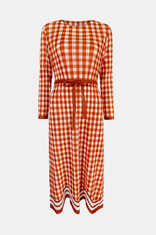 Gingham Drawstring Waist Accordion Pleated Dress