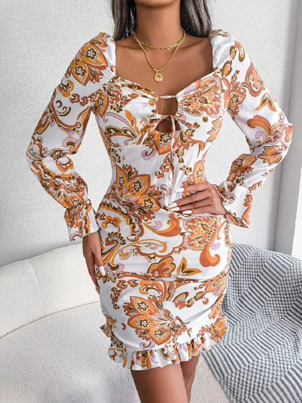 Printed Drawstring Ruffle Hem Dress