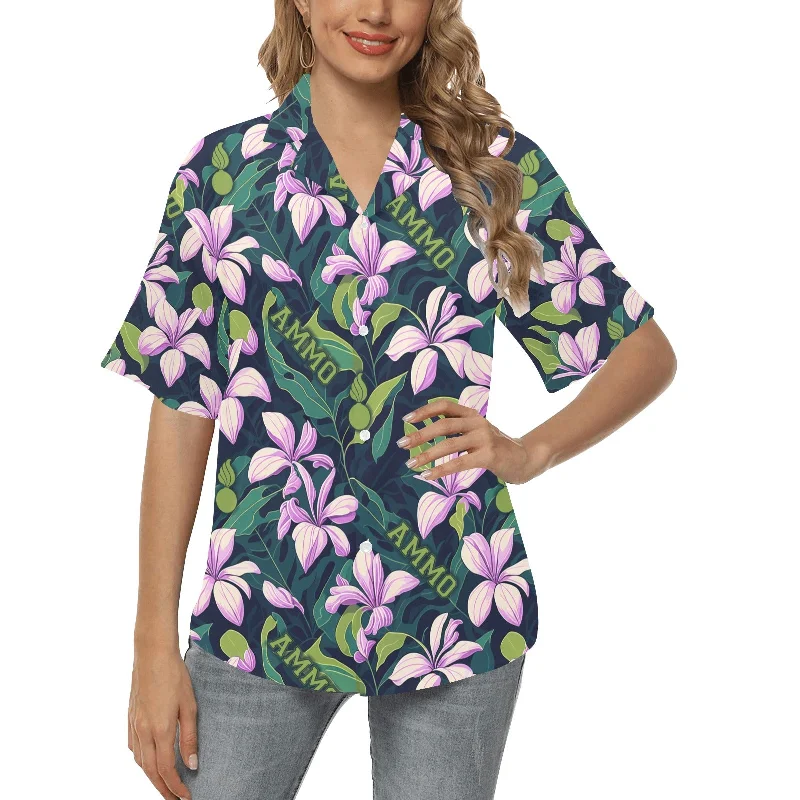 AMMO Pink Frangipani Flowers and Green Leaves AMMO Word and Pisspots Womens Hawaiian Shirt Fashionable Pleated Short Shirt AMMO Pink Frangipani Flowers and Green Leaves AMMO Word and Pisspots Womens Hawaiian Shirt Fashionable Pleated Short Shirt