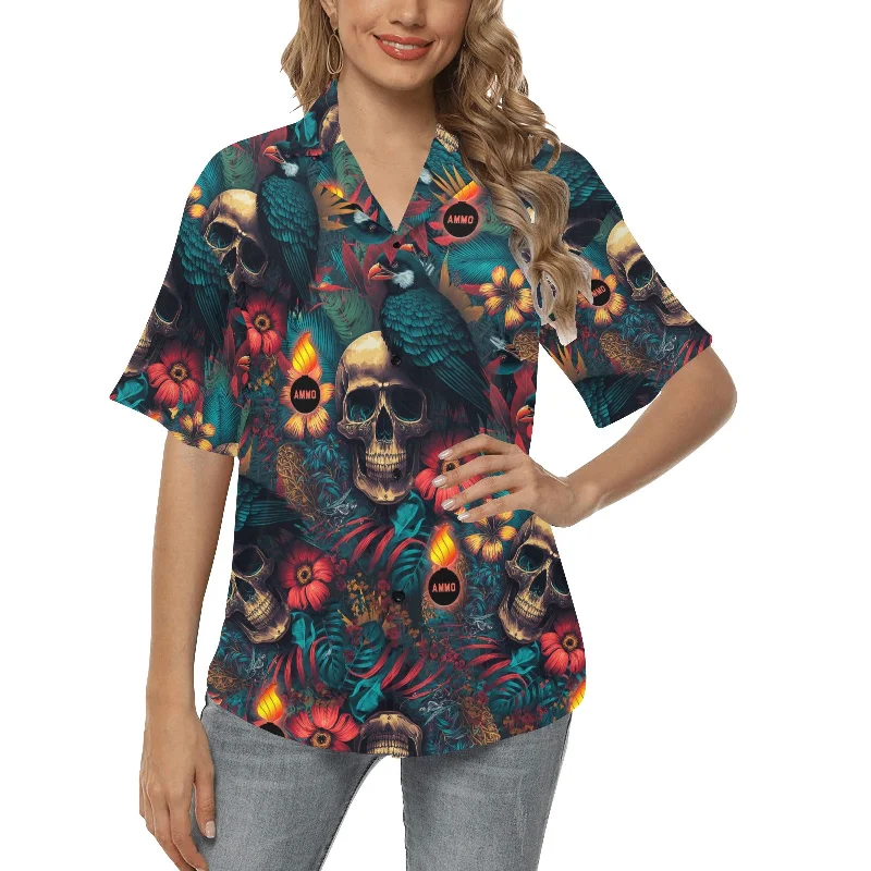 AMMO Skulls Birds Flowers and Flaming Pisspots Womens Hawaiian Shirt Fashionable Short Sleeve Shirt