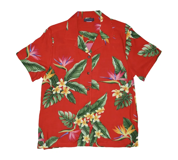 BOP Plumeria Ladies Hawaiian Aloha Camp Shirt in Red Cozy Summer Short Shirt