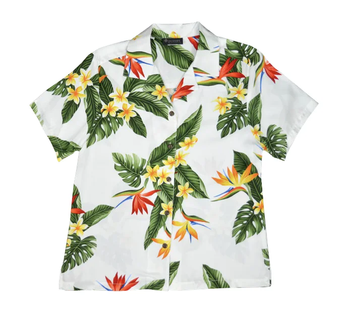 BOP Plumeria Ladies Hawaiian Aloha Camp Shirt in White Casual Short Sleeve Top