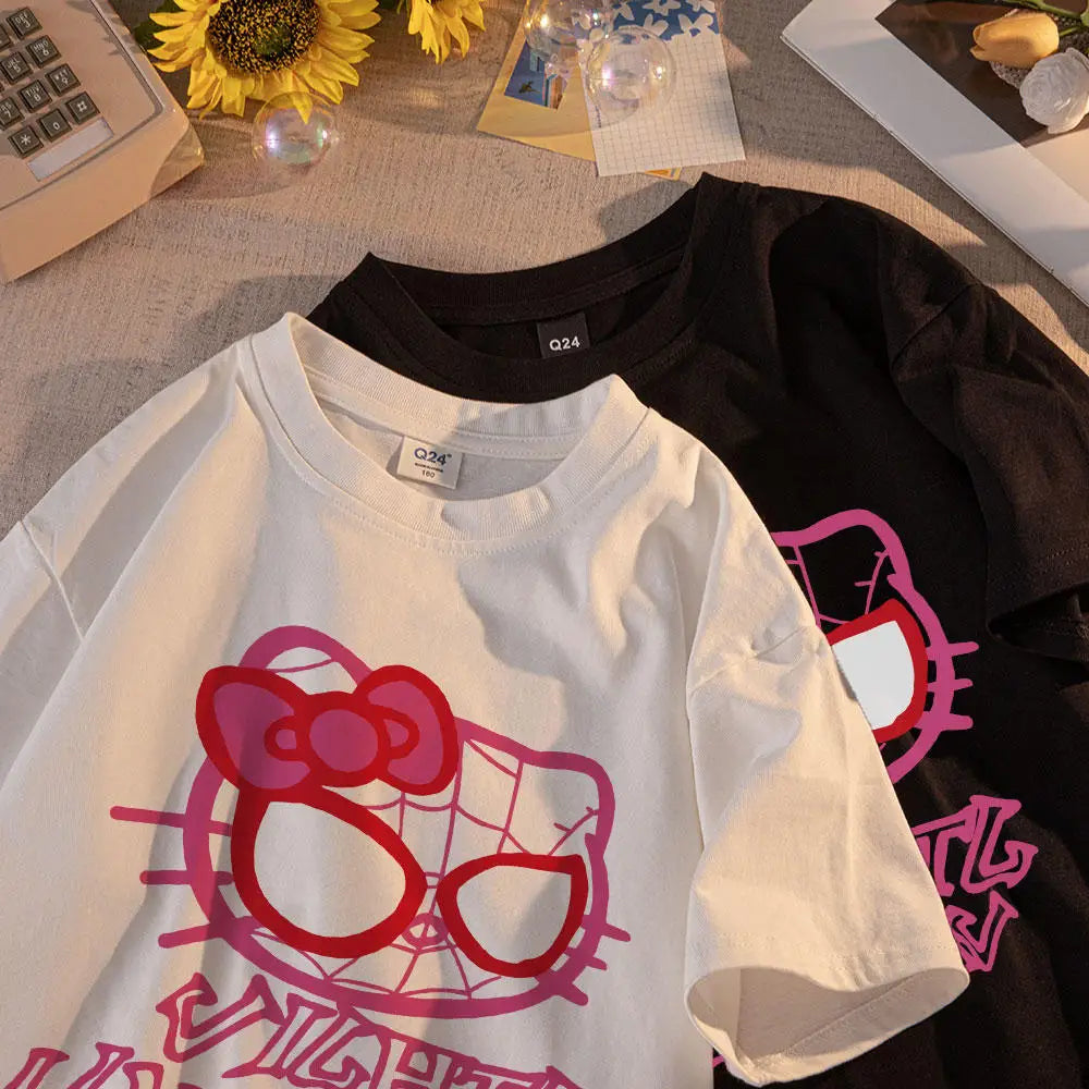 Cartoon Cat Spider Print Woman Tees Cotton High-Quality Tees Anime Loose T Shirts Outdoor Loose Fitting Short Sleeved Modern Casual Short Sleeve