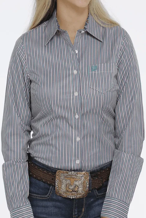 Cinch Women's Blue/Green/Cream 3 Color Tencel Stripe Button Down Western Shirt MSW9164188 Comfortable Peplum Short Shirt