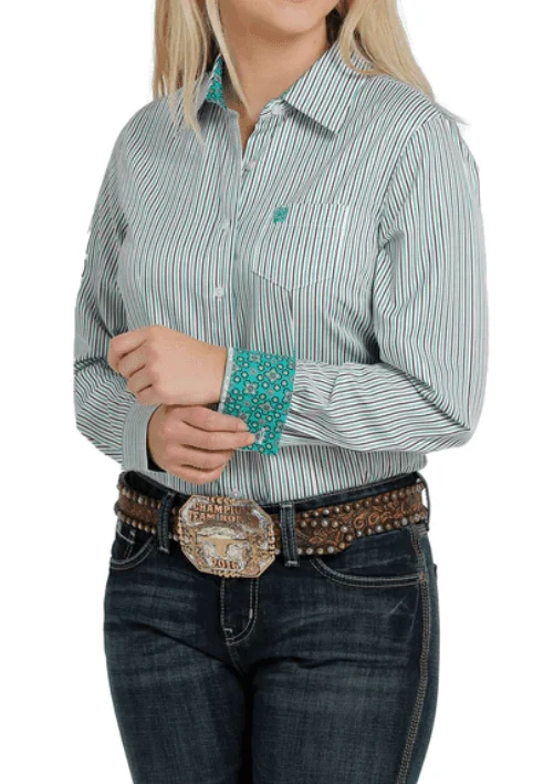 Cinch Women's Tencel Green & Navy Pinstripe Button Up Western Shirt MSW9164183 Trendy Print Short Sleeve