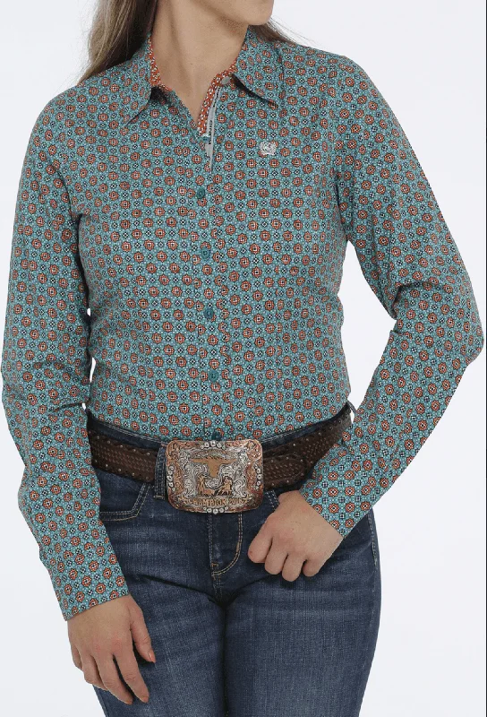 Cinch Women's Teal & Orange Geo Print Button Up Western Shirt MSW9165024 Stylish Casual Short Tee