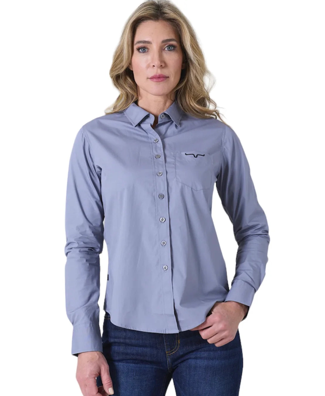 Kimes Ranch Women's Grey KR Team Shirt Long Sleeve Button Up Top Elegant Button-Down Short Shirt Kimes Ranch Women's Grey KR Team Shirt Long Sleeve Button Up Top Elegant Button-Down Short Shirt