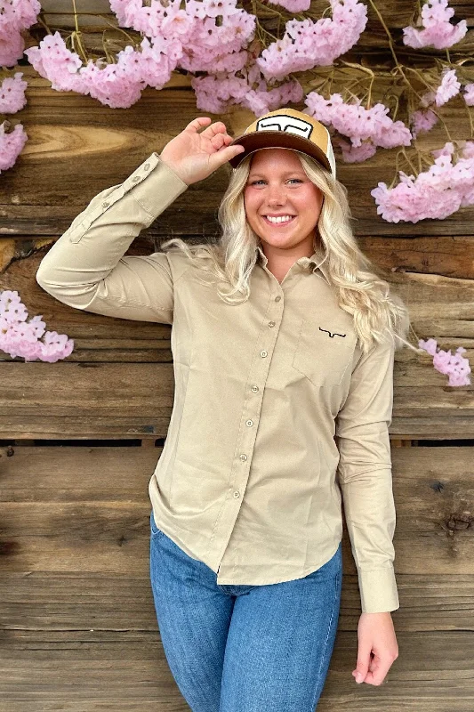Kimes Ranch Women's KR Team Khaki Long Sleeve Button Western Shirt Cozy Linen Short Shirt Kimes Ranch Women's KR Team Khaki Long Sleeve Button Western Shirt Cozy Linen Short Shirt