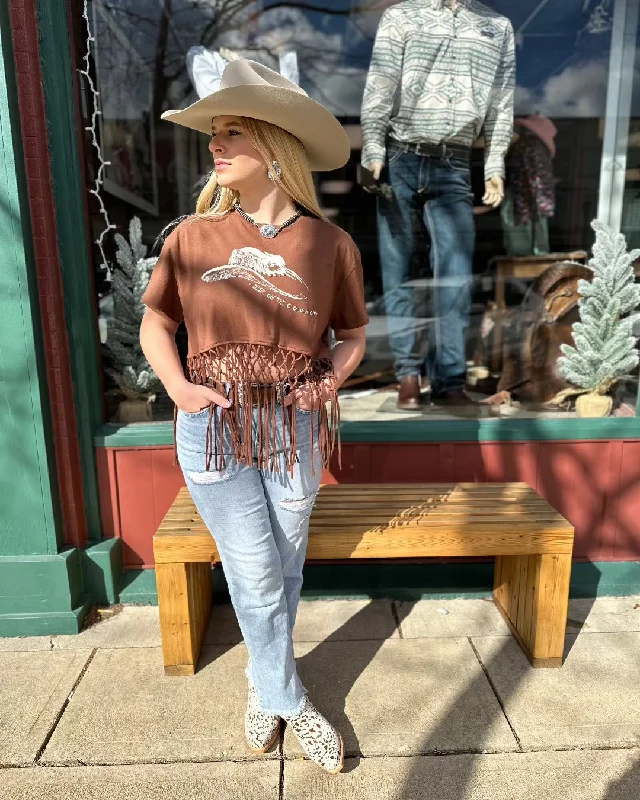 Miss Me Women's Brown Cowgirl Hat Fringe Tee Shirt MJT0235S Cozy Plain Short Sleeve