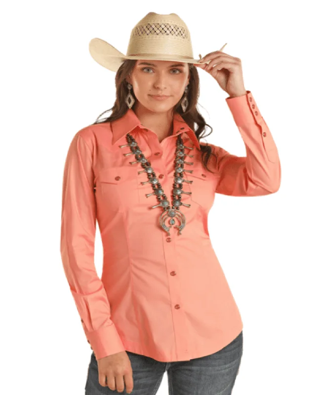 Panhandle Women's Melon Solid Long Sleeve Snap Up Western Shirt PWN2S03154-MEL Relaxed Fit Short Blouse Panhandle Women's Melon Solid Long Sleeve Snap Up Western Shirt PWN2S03154-MEL Relaxed Fit Short Blouse