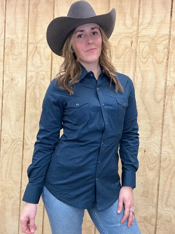 Panhandle Women's Navy Solid Long Sleeve Snap Up Western Shirt PSWSOSR07SN Trendy Ruffled Short Sleeve
