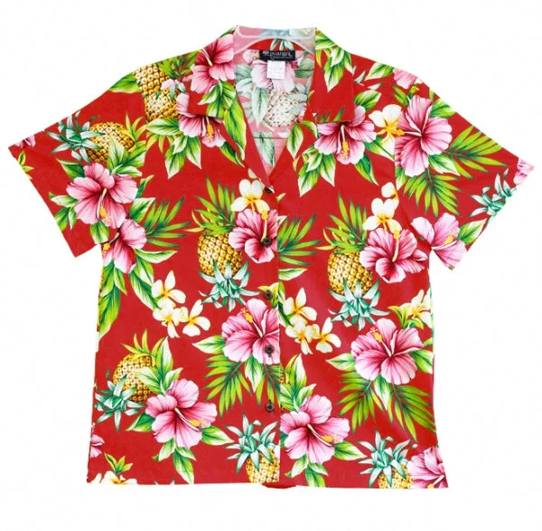 Pineapple Party Ladies Tropical Hawaiian Camp Shirt in Red Elegant Draped Short Sleeve Pineapple Party Ladies Tropical Hawaiian Camp Shirt in Red Elegant Draped Short Sleeve
