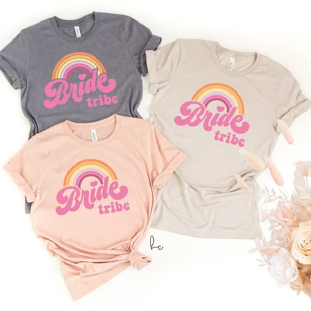 Retro rainbow bride tribe bridesmaid shirts- bachelorette party shirts- Bach Brides babes- bridal party tees shirts- gifts for proposal box Elegant Off-Shoulder Short Shirt Retro rainbow bride tribe bridesmaid shirts- bachelorette party shirts- Bach Brides babes- bridal party tees shirts- gifts for proposal box Elegant Off-Shoulder Short Shirt