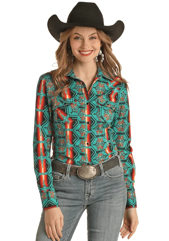 Rock & Roll Cowboy Women's Teal Aztec Long Sleeve Snap Up Western Shirt RRWSOSRZ15 Soft Cotton Short Tee