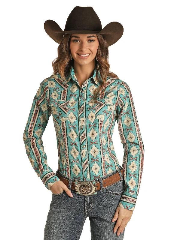 Rock & Roll Cowgirl Juniors Teal Aztec Print Snap Up Western Shirt B4S1313 Casual Cotton Short Shirt