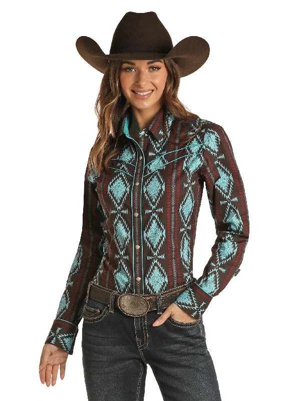Rock & Roll Cowgirl Juniors Brown and Turquoise Aztec Print Snap Up Shirt B4S1314 Soft Cotton Short Shirt