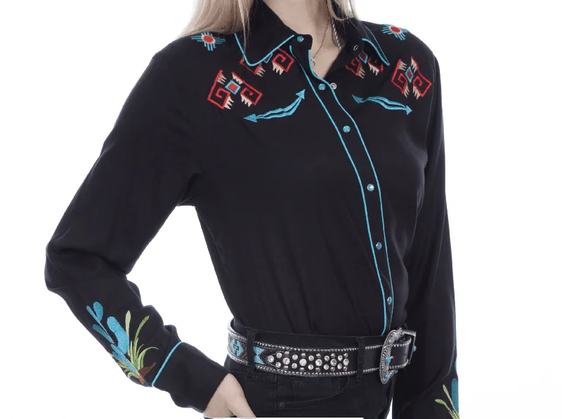 Scully Women’s Black Cactus Embroidery Western Shirt PL-891 Comfortable Stretch Short Shirt