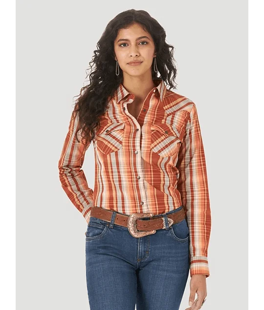 Wrangler Women's Pointed Yoke Plaid Snap Up Long Sleeve Western Shirt LW3007M Elegant Silk Short Shirt