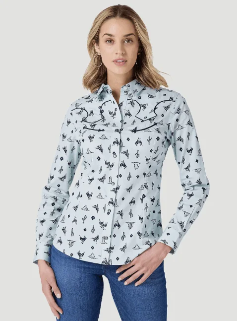 Wrangler Women's Retro Cowgirl Cactus Blue Print Snap Long Sleeve Western Shirt 112327262 Chic Silk Short Sleeve Shirt