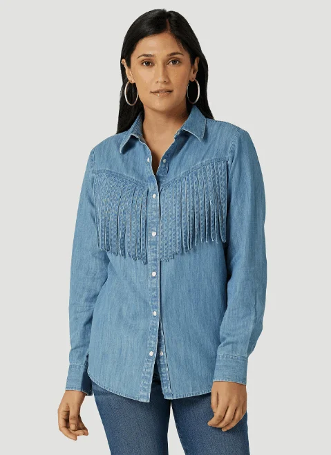 Wrangler Women's Retro Fringe Front Indigo Denim Western Snap Shirt 112327612 Elegant High-Low Short Shirt Wrangler Women's Retro Fringe Front Indigo Denim Western Snap Shirt 112327612 Elegant High-Low Short Shirt