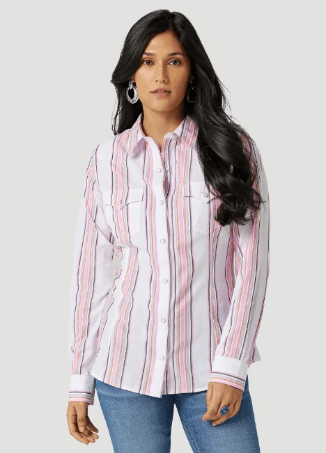 Wrangler Women's Retro Pink & White Stripe Western Snap Long Sleeve Shirt 112327248 Chic V-Neck Short Blouse Wrangler Women's Retro Pink & White Stripe Western Snap Long Sleeve Shirt 112327248 Chic V-Neck Short Blouse