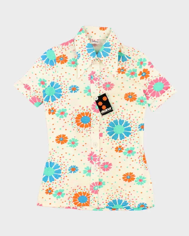 Deadstock Womens 1970s Yellow Daisy Shirt - S Classic Short Sleeve Tunic
