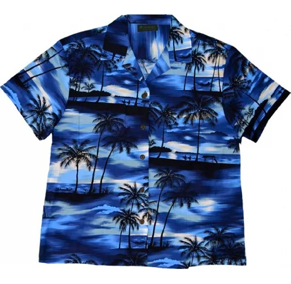 Evening Palms Ladies Tropical Hawaiian Camp Shirt in Blue Comfortable Flowing Short Sleeve Evening Palms Ladies Tropical Hawaiian Camp Shirt in Blue Comfortable Flowing Short Sleeve
