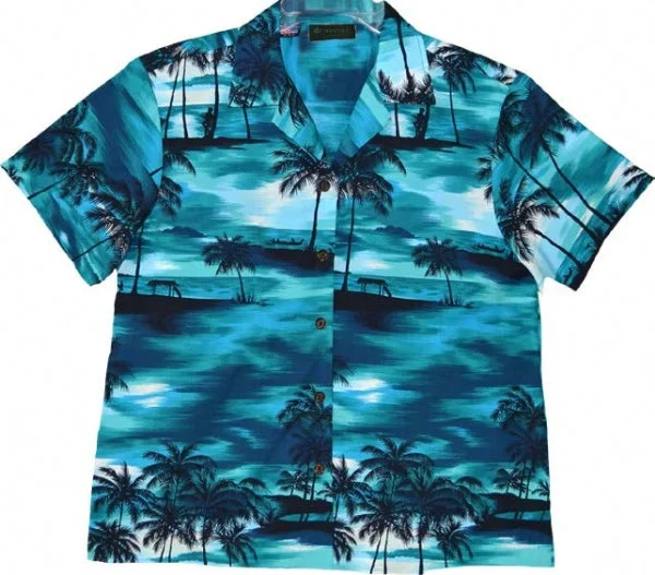 Evening Palms Ladies Tropical Hawaiian Camp Shirt in Turquoise Comfortable Peplum Short Shirt Evening Palms Ladies Tropical Hawaiian Camp Shirt in Turquoise Comfortable Peplum Short Shirt