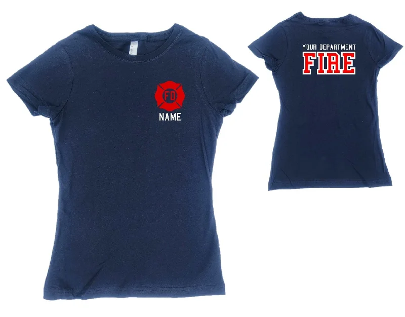 Firefighter Adult Womens Personalized Navy TShirt with RED Maltese Cross Elegant Lace Short Sleeve Firefighter Adult Womens Personalized Navy TShirt with RED Maltese Cross Elegant Lace Short Sleeve