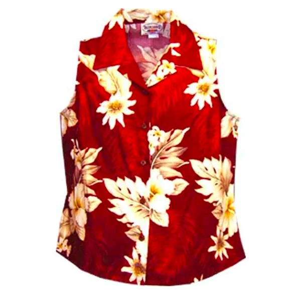 Hibiscus Dream Ladies Sleeveless Shirt in Red Fashionable Plaid Short Sleeve