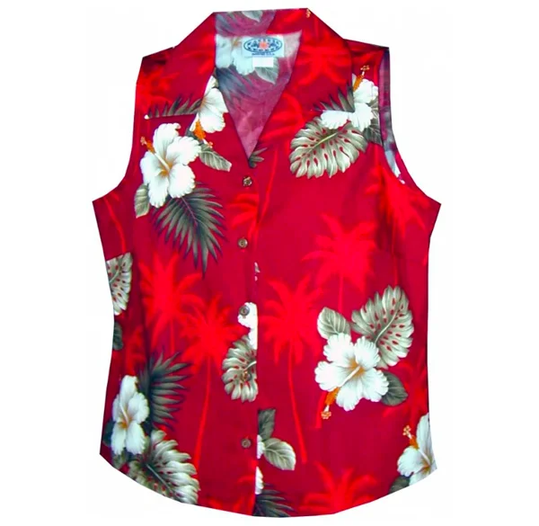 Hibiscus Floral Ladies Sleeveless Shirt in Red Modern Fit Short Sleeve