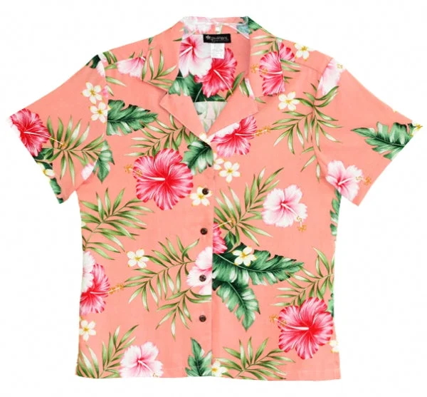 Hibiscus Summer Ladies Hawaiian Camp Shirt in Coral Trendy Short Sleeve Tunic