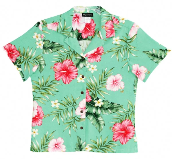 Hibiscus Summer Ladies Hawaiian Camp Shirt in Green Cozy Loose Fit Short Sleeve