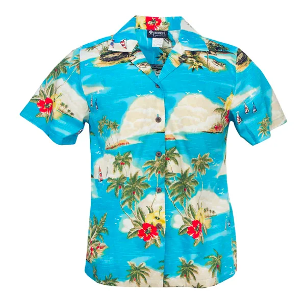 Island Sunset Ladies Hawaiian Aloha Camp Shirt in Turquoise Fashionable Sheer Short Shirt