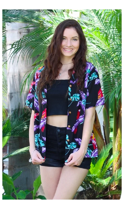 Jungle Bird Ladies Tropical Hawaiian Aloha Camp Shirt in Black Stylish Crew Neck Shirt