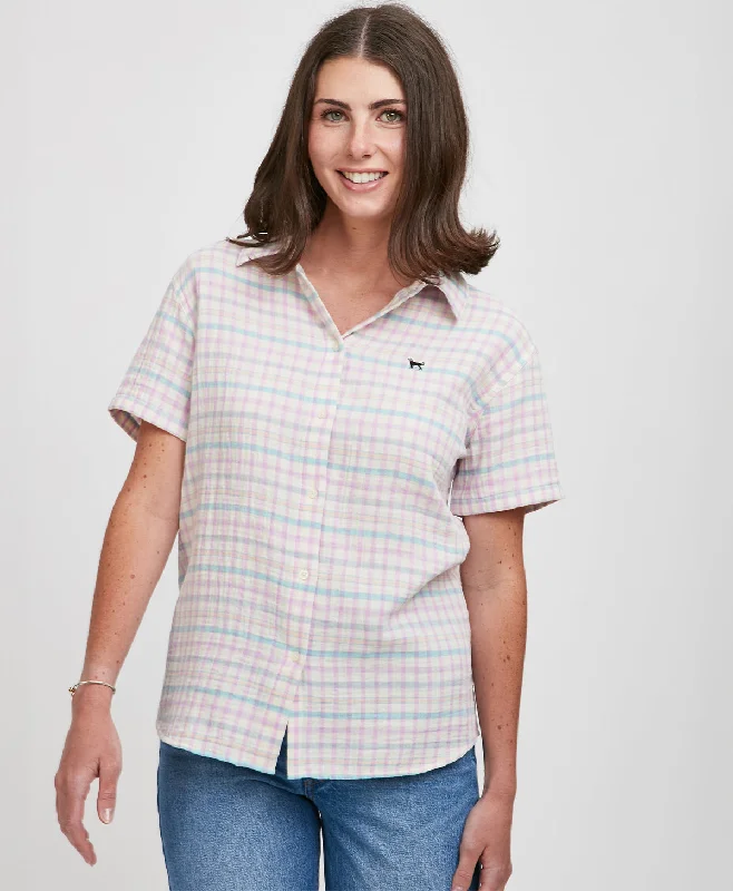 Ladies Sunset Plaid Shortsleeve Shirt Relaxed Cotton Short Blouse