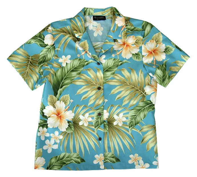 Ladies Tropical Camp Hawaiian Aloha Shirt in Blue Fashionable Button-Front Short Sleeve Ladies Tropical Camp Hawaiian Aloha Shirt in Blue Fashionable Button-Front Short Sleeve