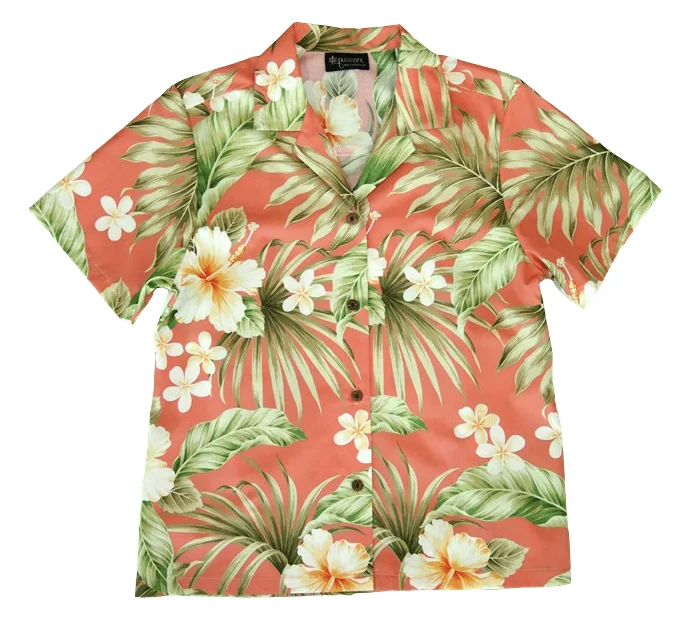 Ladies Tropical Camp Hawaiian Aloha Shirt in Coral Trendy Floral Print Tee