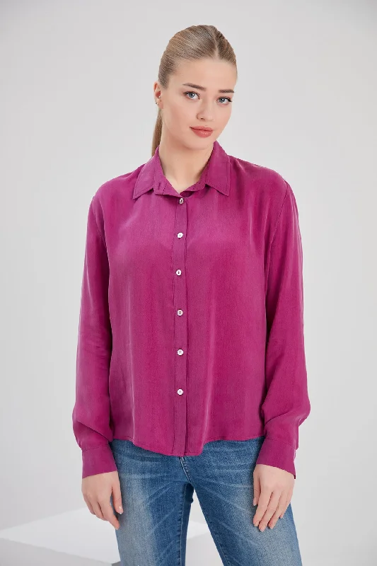 Cupro Mia Shirt in Fuchsia Vegan Silk Elegant Button-Down Short Shirt