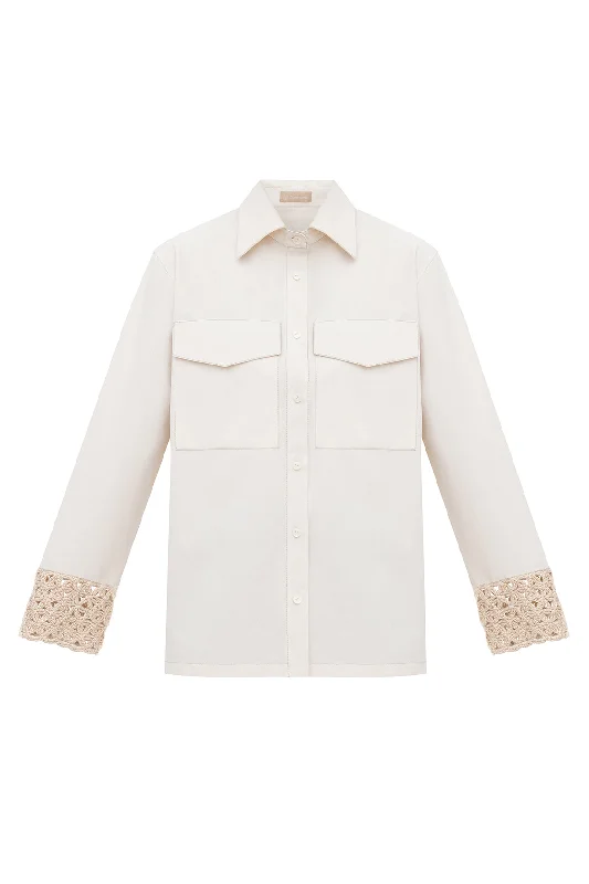 Organic Cotton shirt with hand knitted cuffs Trendy Turtleneck Short Shirt