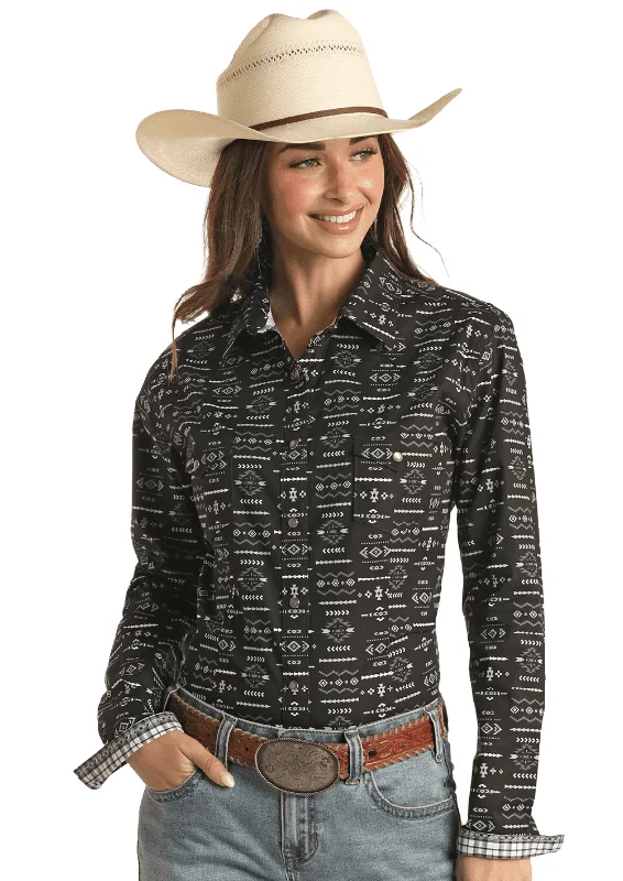 Panhandle Roughstock Women's Black Aztec Pattern Snap Up Western Shirt RSWSOSRZCW Trendy Short Sleeve Blouse