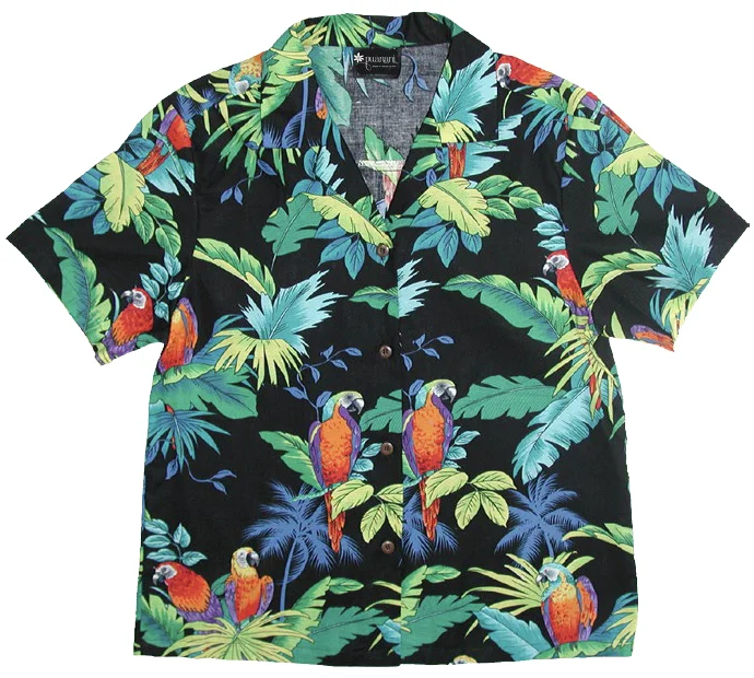 Paradise Parrots Ladies Tropical Hawaiian Aloha Camp Shirt in Black Stylish Crew Neck Shirt Paradise Parrots Ladies Tropical Hawaiian Aloha Camp Shirt in Black Stylish Crew Neck Shirt