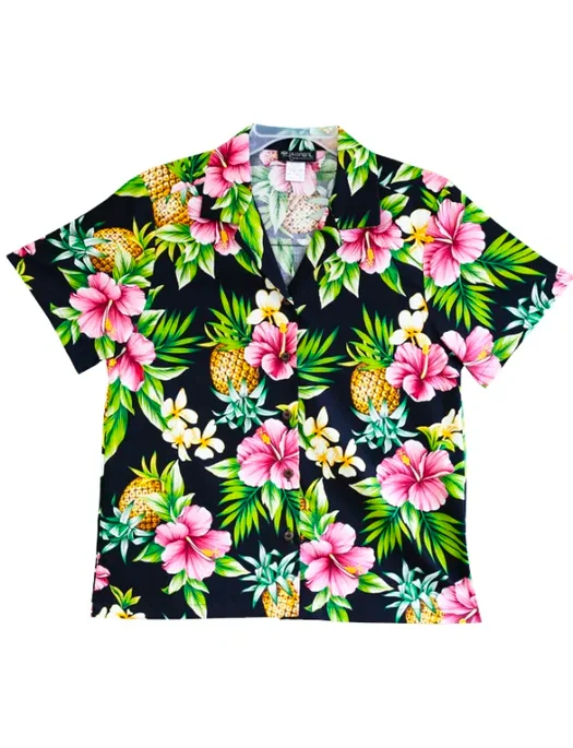 Pineapple Party Ladies Tropical Hawaiian Camp Shirt in Black Chic Embellished Short Sleeve Pineapple Party Ladies Tropical Hawaiian Camp Shirt in Black Chic Embellished Short Sleeve
